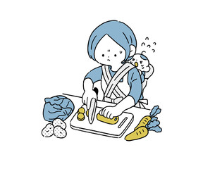 Fototapeta premium 赤ちゃんをおんぶして野菜を切る主婦 困り顔 シンプル