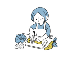 野菜を切る主婦　困り顔　シンプル
