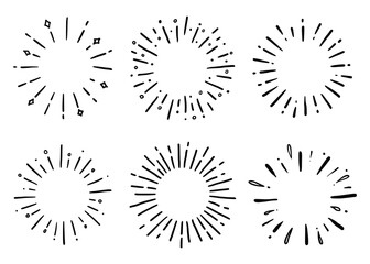 Hand drawn set of sunburst shine ray and sparkle. Doodle sketch style. Circle burst of sun, star. Vector illustration.