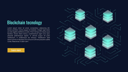 Blockchain technology concept, cryptocurrency. Working with tokens on the Internet, security. Futuristic background with elements in techno style microchips. Design banner template for web. Copyspace.