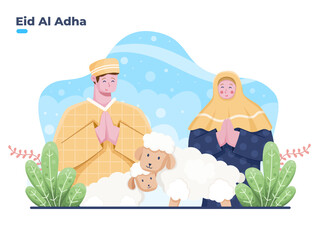 Muslim person couple greeting happy Eid Al Adha vector flat illustration. Eid Al Adha Islamic Sacrifice tradition.  can be used for greeting card, postcard, invitation, banner, web.