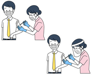 男性にワクチン接種をする医療従事者（半袖・シンプルカラー）