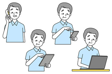 電話や端末で予約をする高齢男性（シンプルカラー）