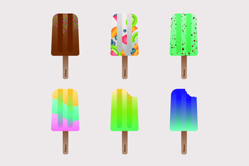 Vector collection of colorful ice cream sticks or spoons on white background.
