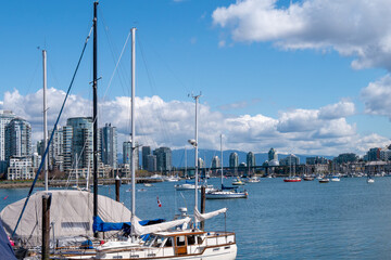 爽やかな青空とバンクーバーのビルと漁港