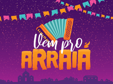 Traditional Party in Brazil. Festa de Sao Joao. Local Cultural Event. Brazilian Winter June Celebration. Typographic Vector Art. Colorful composition.