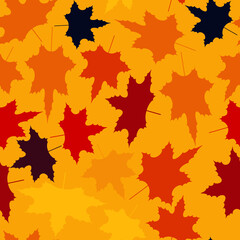 Fototapeta premium Seamless autumn baby pattern with yellow, red and black hand drawn maple leaves on a orange background. The pattern can be used for wrapping papers, cards, wallpapers, covers, textile prints. Vector