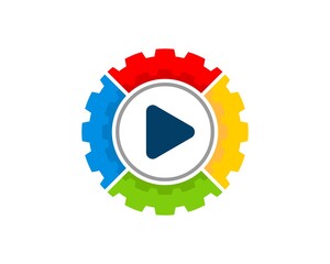 Mechanical gear with rainbow colors and media play button inside