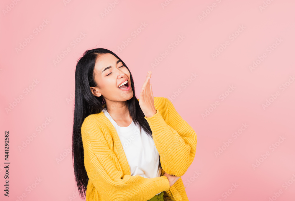 Poster woman standing winning and surprised excited screaming laugh