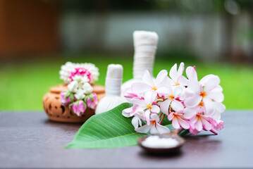 Fototapeta na wymiar Thai Spa massage therapy setting, nature product, Healthy Beauty spa treatment and relax concept