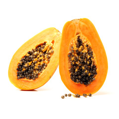 Papaya fruit sliced on half isolated on a white background.
