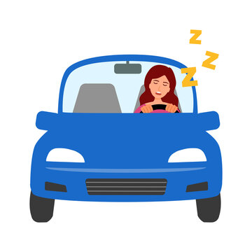 Young woman sleeping while driving car in flat design on white background. Tired and fatigued female driver concept.