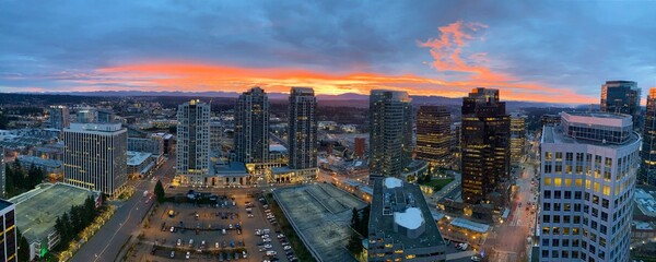 Sunrise, Bellevue Washington with a dramatic and colorful sky seen from an elevated perspective.