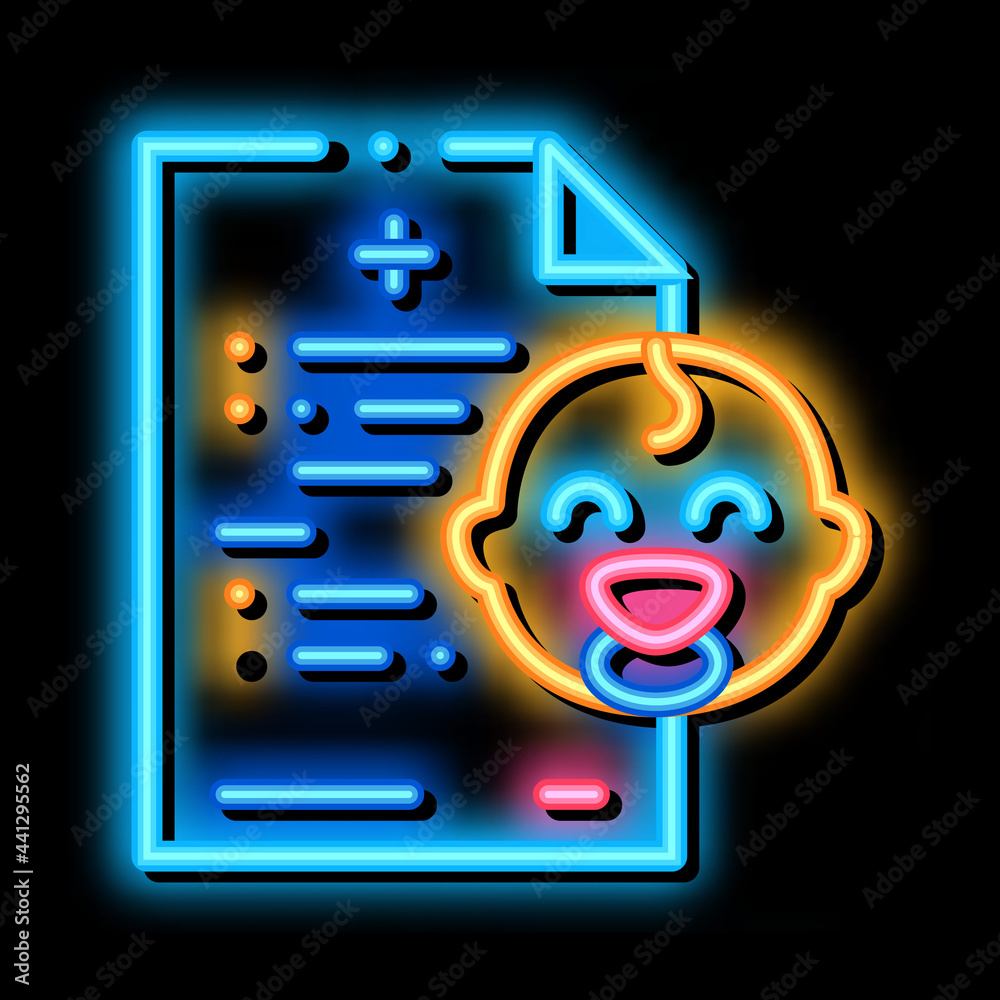 Wall mural baby medical document neon light sign vector. Glowing bright icon baby medical document sign. transparent symbol illustration