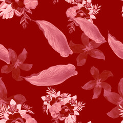 Fototapeta na wymiar Coral Seamless Texture. Brown Pattern Exotic. Scarlet Tropical Vintage. Pink Flower Hibiscus. Ruby Flora Leaves. Spring Foliage. Summer Leaf.Floral Vintage.