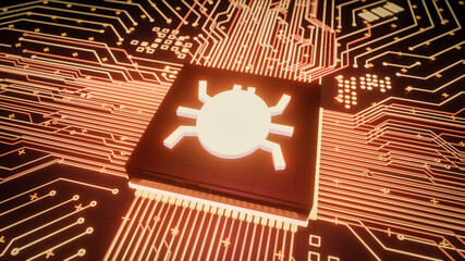 Computer bug or virus malware found inside computer microprocessor unit or cpu, vulnerable network security system, low level hardware hacking attack data breaches concept