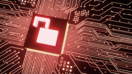 Open padlock symbol microchip on motherboard circuit inside hacked computer hardware, 3d rendering leak digital data protection and low cyber security business concept background