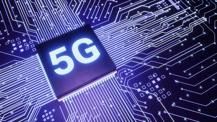 5G support microchip on smartphone circuit board, smart iot communication microprocessor, 3d rendering futuristic fast real time mobile network internet technology concept background