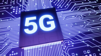 5G support microchip on smartphone circuit board, smart iot communication microprocessor, 3d rendering futuristic fast real time mobile network internet technology concept background