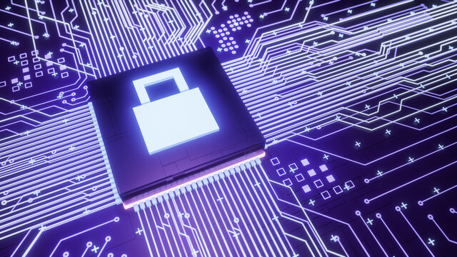 Fully lock symbol microchip on motherboard circuit inside computer hardware, 3d rendering digital data protection and cyber security business concept background