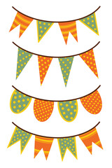 Set of vector illustrations of festive garlands. Isolated icons on a white background. Bright holiday flags with polka dots, stripes. Cute banners are hanging on a rope. 