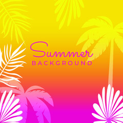 Fototapeta na wymiar Summer background with floral, leaves, palm trees, and Memphis style. Minimalist summer banner design with tropical leaves theme