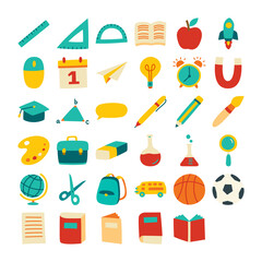 Back to school icon set flat color style. Education hand drawn objects and symbols.
