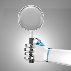 Magnify glass hold by the robot hand. Technology search engine keyword. Image with clipping path. 3D illustration rendering image.