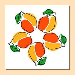 Trendy continuous one line drawing of ripe pear in flower shape.Square template with hand drawn fruits wreath in cartoon stile.Vector illustration.