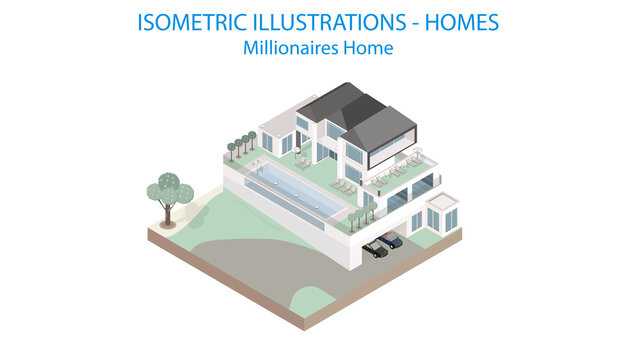 Millionaire Family House Concept. Isometric. Modern Homes.