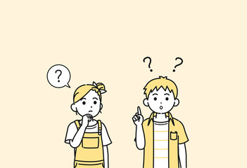 考える男の子と女の子のイラスト　疑問　？　子供　小学生　低学年