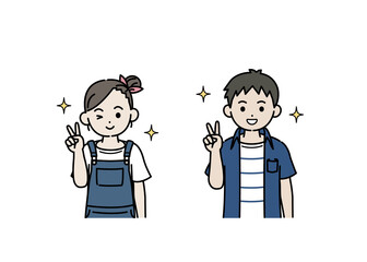 ピースサインをする男の子と女の子のイラスト　子供　小学生　低学年