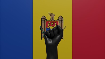 A single raised Black Fist in the center in front of the Country Flag of Moldova