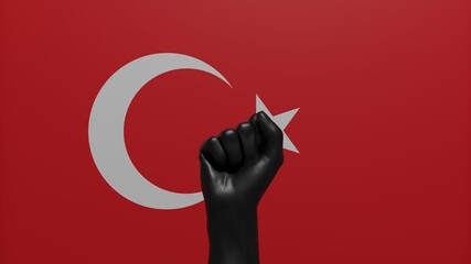 A single raised Black Fist in the center in front of the Country Flag of Turkey