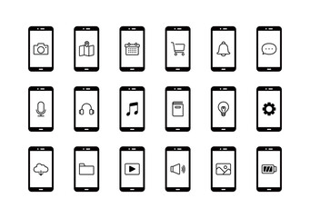 スマートフォン　アプリ　マーク　アイコン　セット　線画	白黒