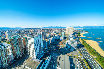 Modern city skyline aerial view in Fukuoka, Japan