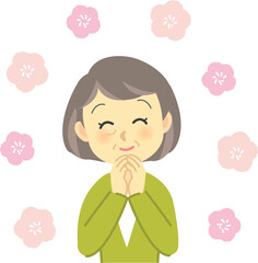 イラスト素材：かわいいおばあさんが両手合わせて花が咲いた様に喜ぶ姿　上半身
