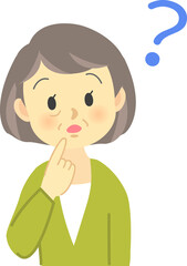 イラスト素材：かわいいおばあさんが思い出せないか分からない表情をする場面
