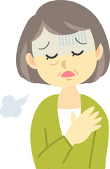 イラスト素材:体調不良シリーズ　年配の女性がストレスで胸を右手で押さえて不安に苦しみため息をつく姿
