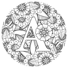 Mehndi flower for henna, mehndi, tattoo, decoration. decorative ornament in ethnic oriental style. doodle ornament. outline hand draw illustration. coloring book page.