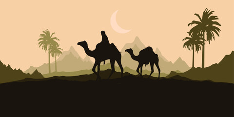 Desert, caravan of camels with a moon. vector illustration.
