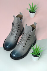 Grey black lase up boots for women. Leather shoes from the new collection.