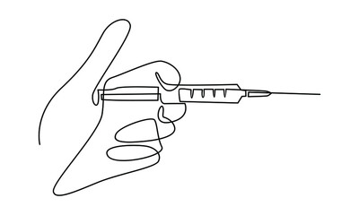 Continue line of hand with medical injection syringe vector illustration