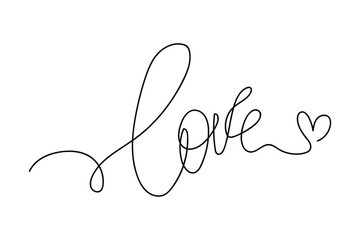 Continuous one line of text love in silhouette on a white background. Linear stylized.Minimalist.