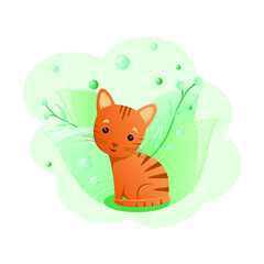 Cute red cat on a background of green leaves. Children's illustration of animals.
