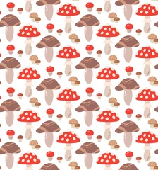 Foto op Canvas Seamless cartoon pattern with mushrooms and amanitas on a white background. Vector natural flat texture. Fabric with forest plants. Simple wallpaper with boletus © veleri_kz