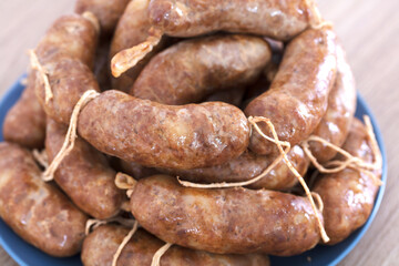 Pork sausages full of plates