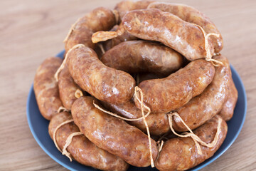 Pork sausages full of plates
