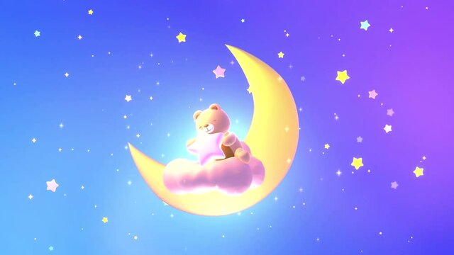 Looped cartoon bear hugging star in the night sky animation.