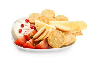 Plate with tasty crackers and snacks on white background